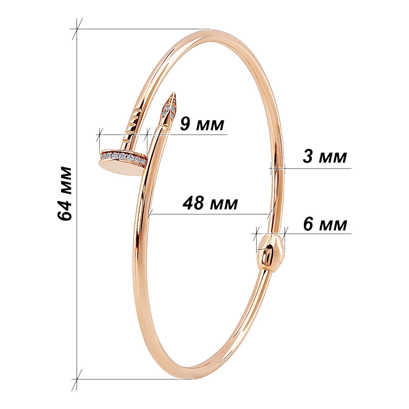 картинка Жорсткий браслет "Цвях" із червоного золота з фіанітами, 10530516