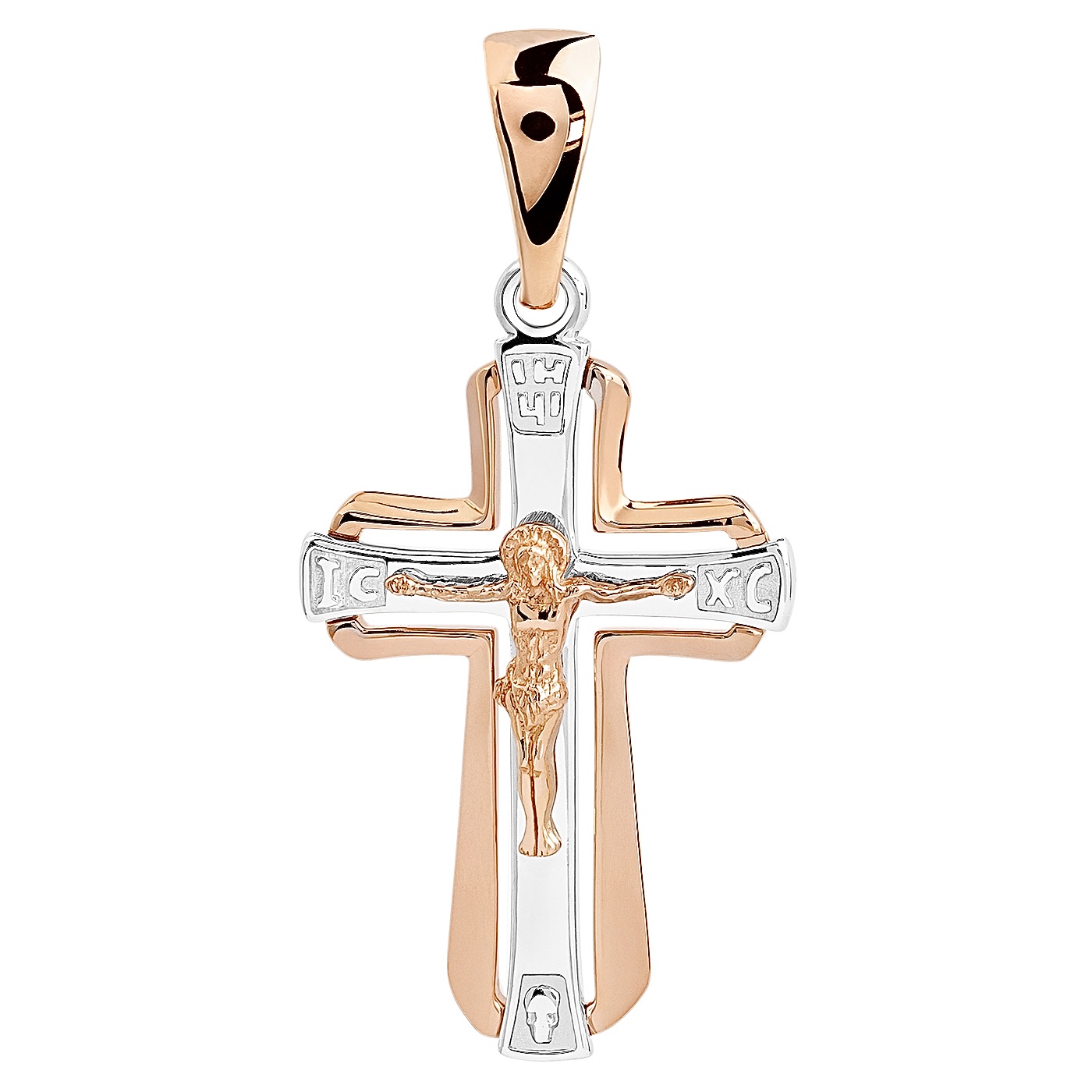 картинка Крестик женский из красного и белого золота с распятием, 10523960