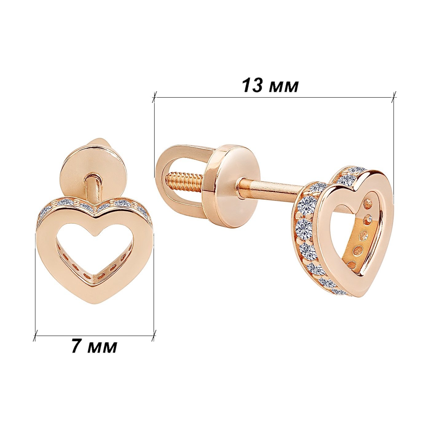 картинка Сережки гвіздочки "Сердечка" із доріжкою фіанітів, 10244626