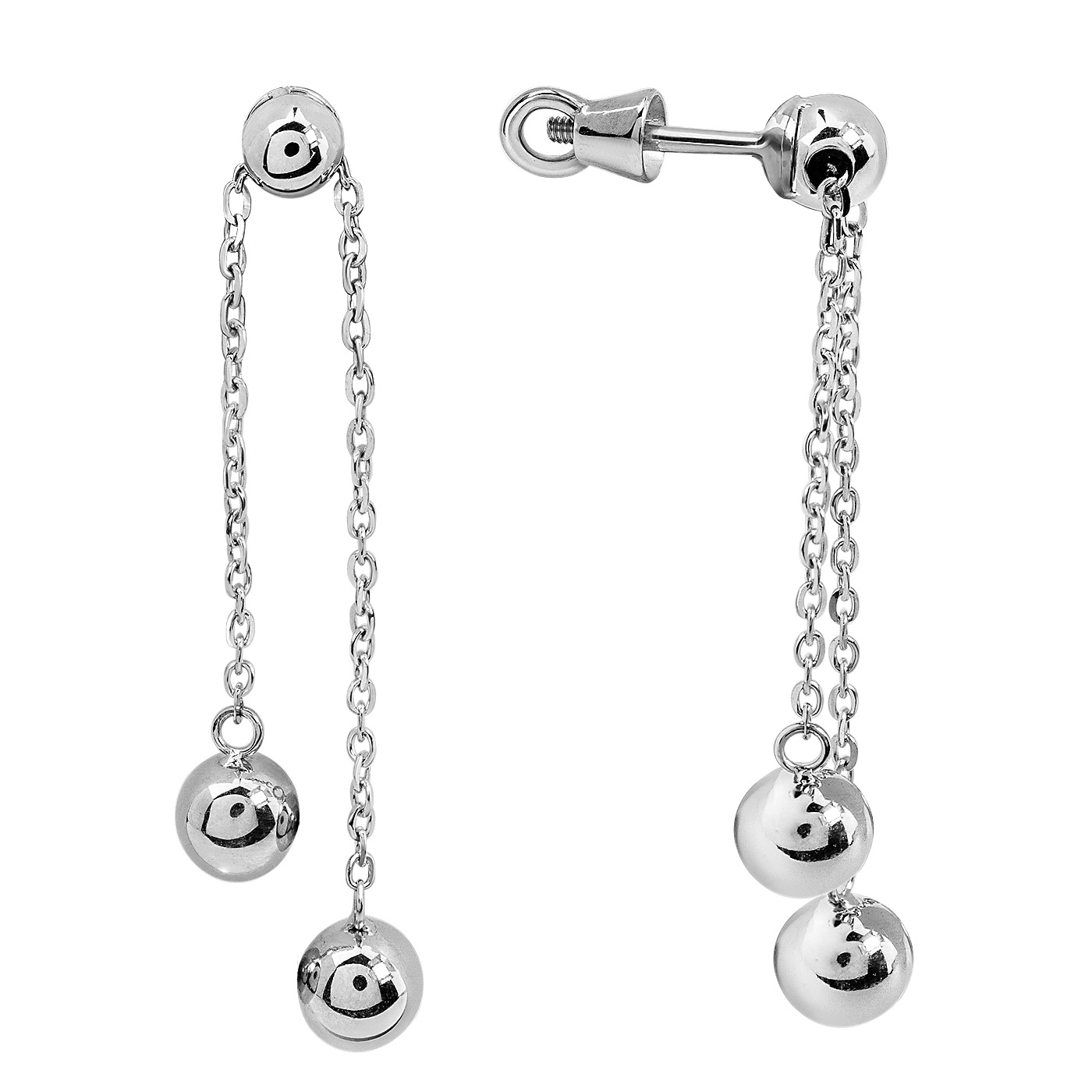 картинка Сережки із білого золота "Кульки" з рухомим ланцюжком, 10527766