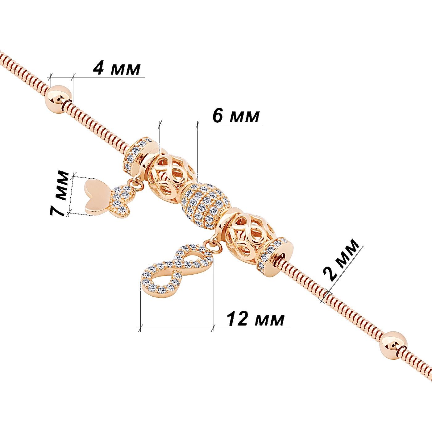 картинка Браслет з шармами із червоного золота з фіанітами, 10530791