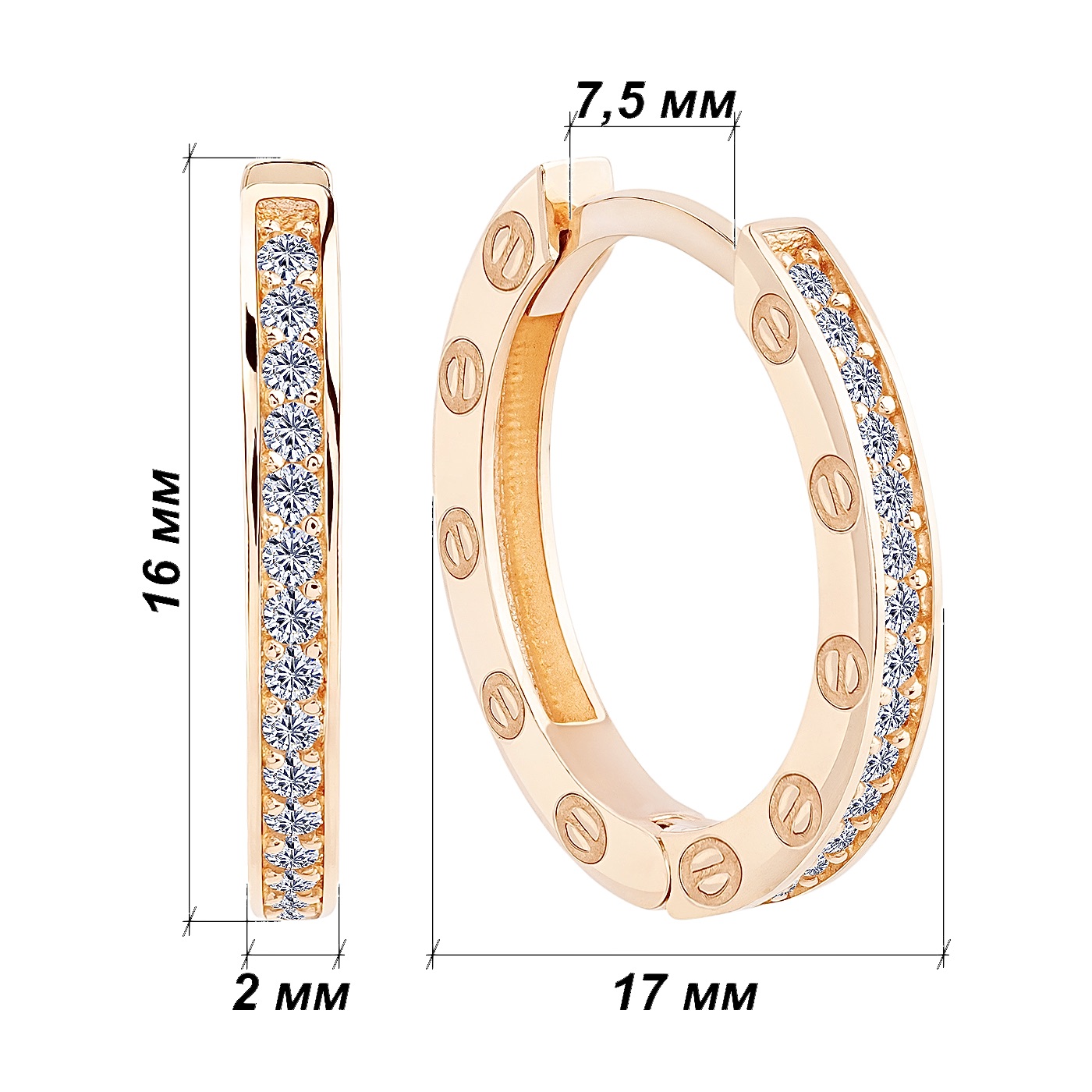 картинка Сережки конго з фіанітами із червоного золота, 10519549