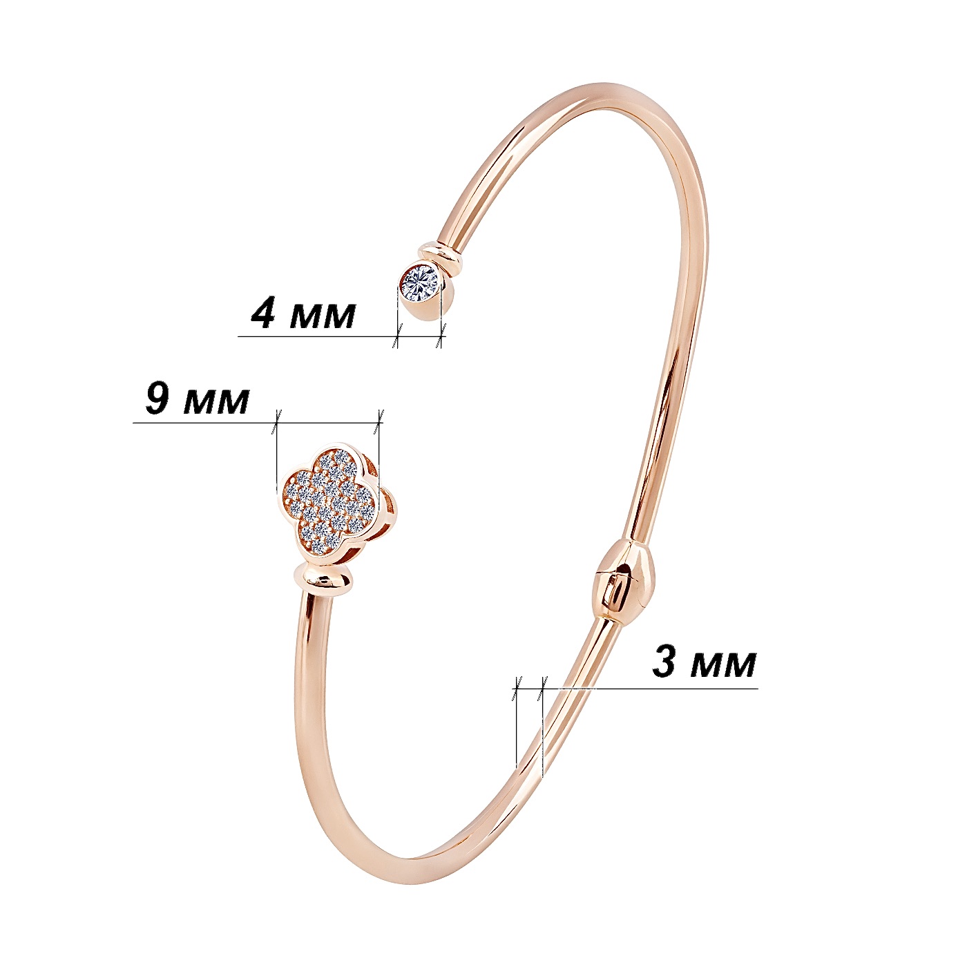 картинка Жорсткий незамкнений браслет із червоного золота "Клевер", 10532716