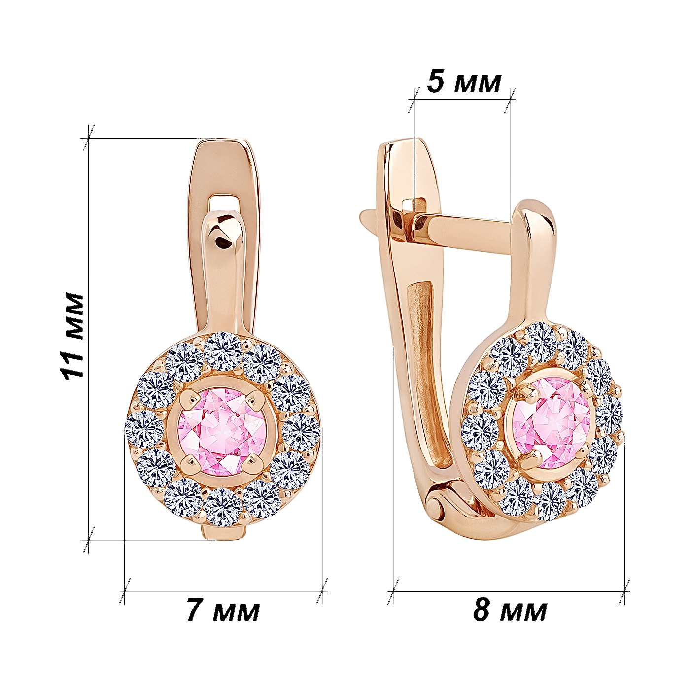 Детские сережки с розовым фианитом красное золото