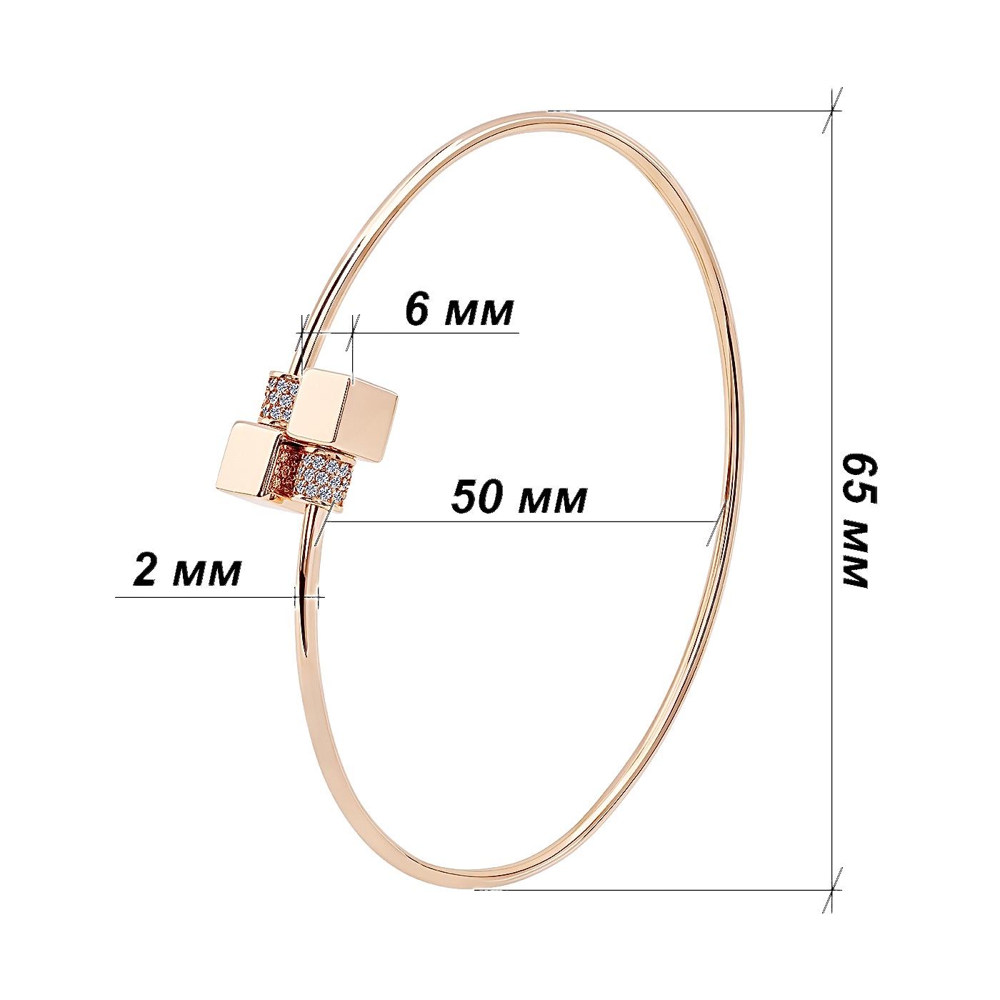 картинка Жорсткий браслет "Куб" з фіанітами із червоного золота, 10530725