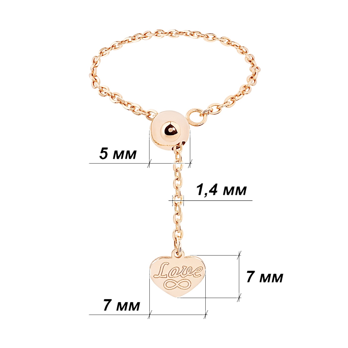 картинка Каблучка-ланцюжок "Кохання" із червоного золота, 10520198