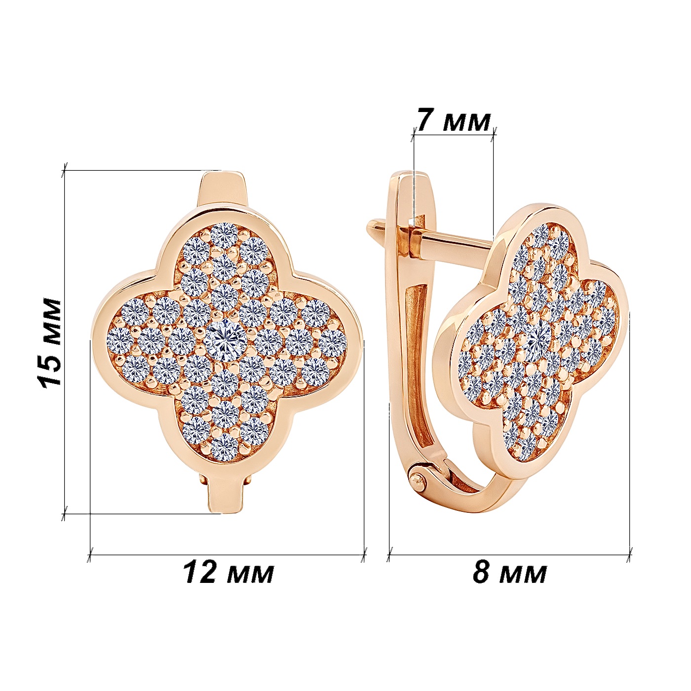 Золотые серьги в форме клевера с фианитами